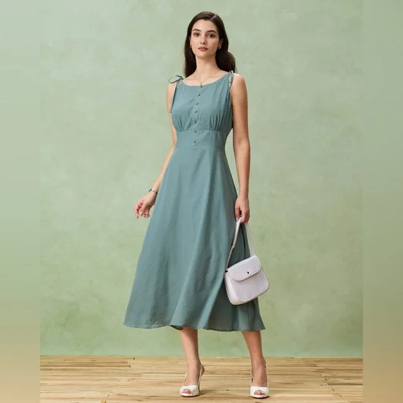 Rihoas Green Boat Neck Backless Slip Midi Dress - Picture 5 of 12